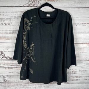 Poetry Women's Size 16 Black Linen Blend Embroidered Blouse